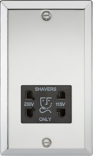 115-230V Dual Voltage Shaver Socket with Black Insert - Bevelled Edge Polished Chrome