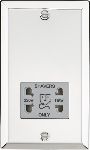 115-230V Dual Voltage Shaver Socket with Grey Insert - Bevelled Edge Polished Chrome