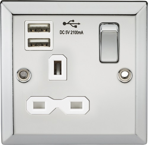 13A 1G Switched Socket Dual USB Charger Slots with White Insert - Bevelled Edge Polished Chrome