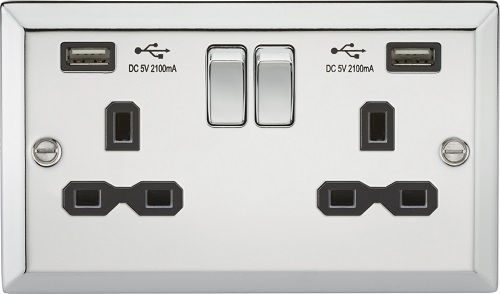 13A 2G Switched Socket Dual USB Charger Slots with Black Insert - Bevelled Edge Polished Chrome