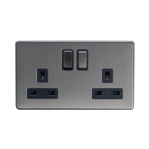 Thrion Edinburgh Screwless 13A 2G DP Switched Socket [Brushed Chrome, Grey Insert]