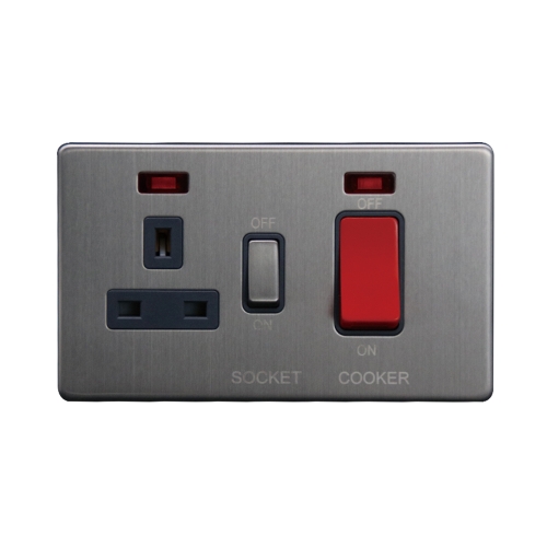 Thrion Edinburgh Screwless 45A Cooker Control Unit c/w Neon [Brushed Chrome, Grey Insert]