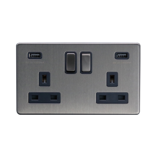 Thrion Edinburgh Screwless 13A 2G SP Switched Socket + 2 USB Outlets [Brushed Chrome, Grey Insert]
