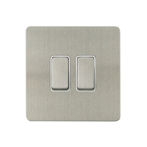 Thrion 2 Gang 2 Way 10AX Switch, Brushed Chrome White Insert