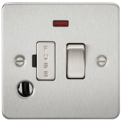 Flat Plate 13A switched fused spur unit with neon and flex outlet - brushed chrome
