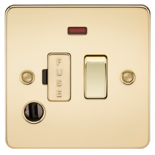 Flat Plate 13A switched fused spur unit with neon and flex outlet - polished brass