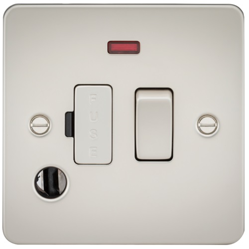 Flat Plate 13A switched fused spur unit with neon and flex outlet - pearl