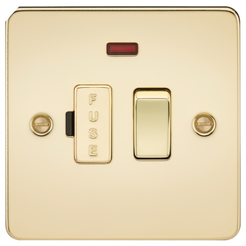 Flat Plate 13A switched fused spur unit with neon - polished brass