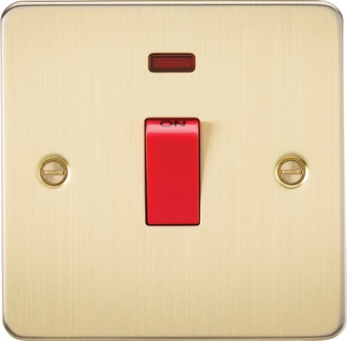 Flat Plate 45A 1G DP switch with neon - brushed brass