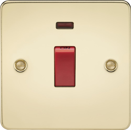 Flat Plate 45A 1G DP switch with neon - polished brass