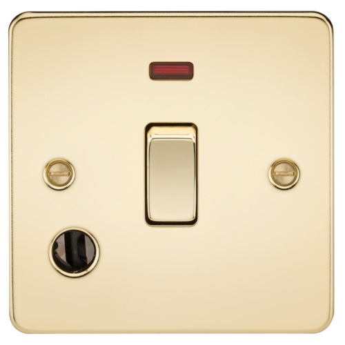 Flat Plate 20A 1G DP switch with neon & flex outlet - polished brass