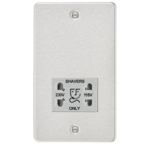 Flat Plate 115/230V dual voltage shaver socket - brushed chrome with grey insert