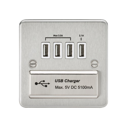 Flat Plate Quad USB charger outlet - Brushed chrome with white insert