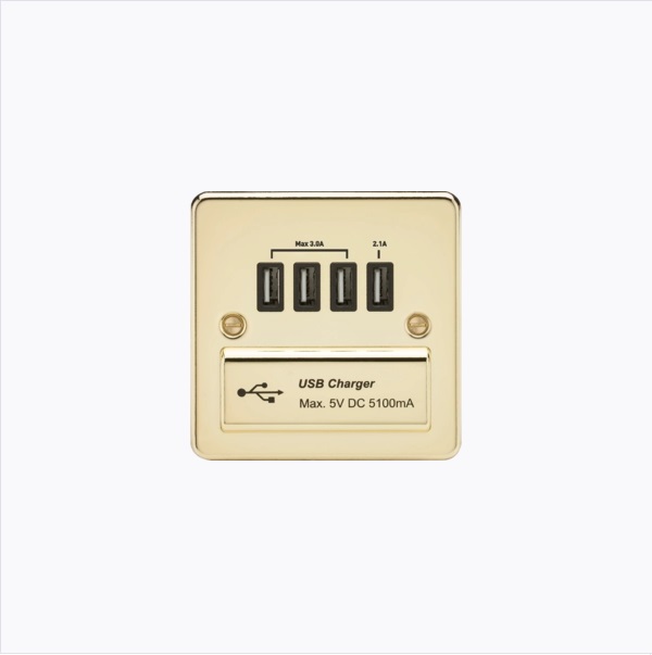 Flat Plate Quad USB charger outlet - Polished brass with black insert