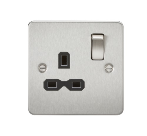 Flat plate 13A 1G DP switched socket - brushed chrome with black insert