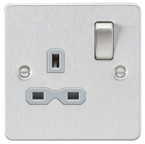 Flat plate 13A 1G DP switched socket - brushed chrome with Grey insert