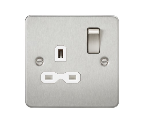 Flat plate 13A 1G DP switched socket - brushed chrome with white insert