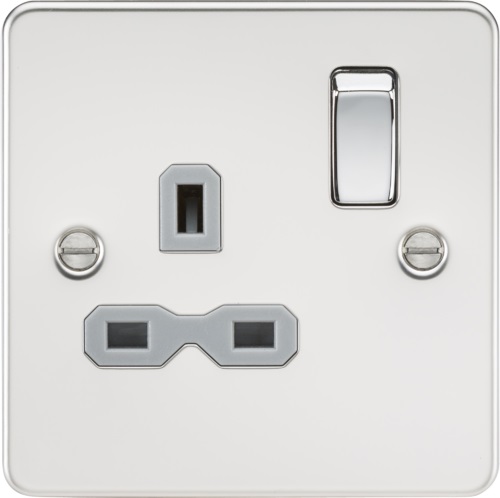 Flat plate 13A 1G DP switched socket - polished chrome with grey insert