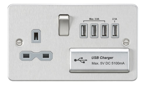 Flat plate 13A switched socket with quad USB charger - brushed chrome with grey insert