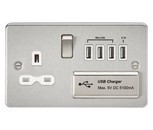 Flat plate 13A switched socket with quad USB charger - brushed chrome with white insert