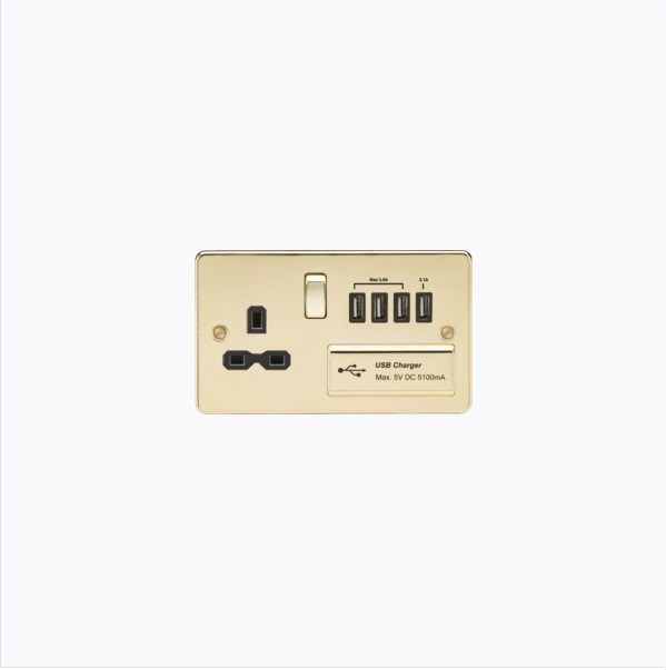 Flat plate 13A switched socket with quad USB charger - polished brass with black insert