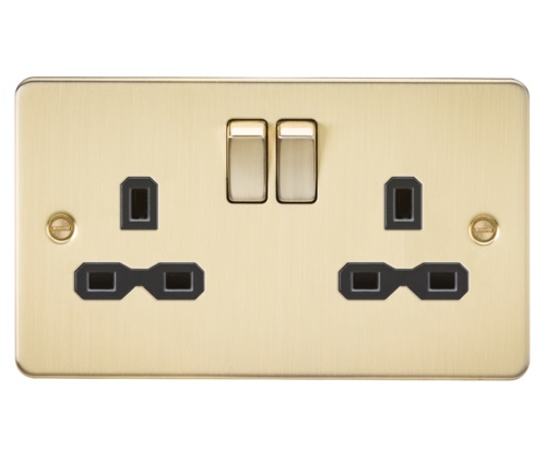 Flat plate 13A 2G DP switched socket - brushed brass with black insert