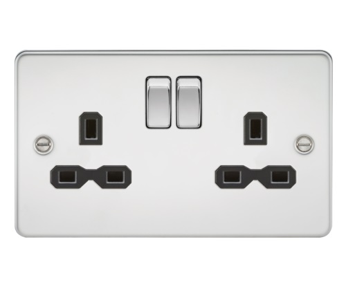 Flat plate 13A 2G DP switched socket - polished chrome with black insert