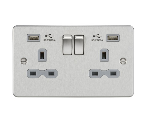 Flat plate 13A 2G switched socket with dual USB charger (2.4A) - brushed chrome with grey insert