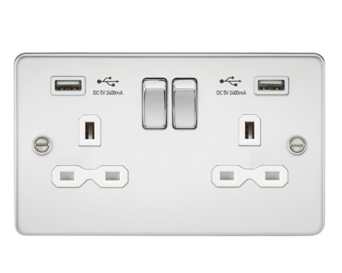 Flat plate 13A 2G switched socket with dual USB charger (2.4A) - polished chrome with white insert