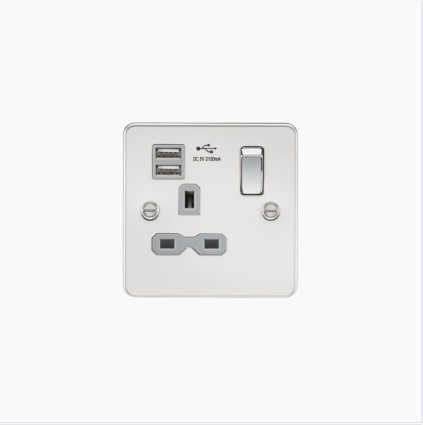 Flat plate 13A 1G switched socket with dual USB charger (2.1A) - polished chrome with grey insert