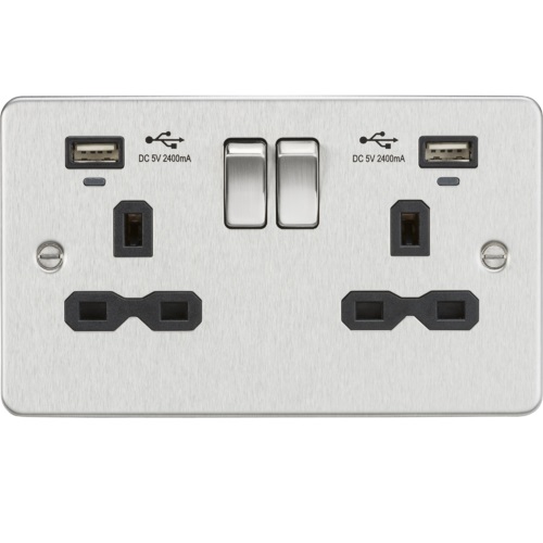 13A 2G Switched Socket, dual USB charger (2.4A) with Indicators - Brushed Chrome with black insert