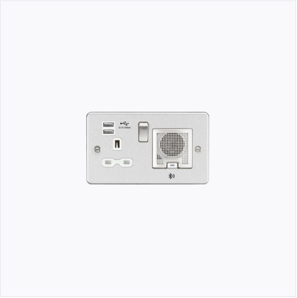 Flat Plate 13A socket, USB chargers (2.4A) and Bluetooth Speaker - Brushed chrome with white insert