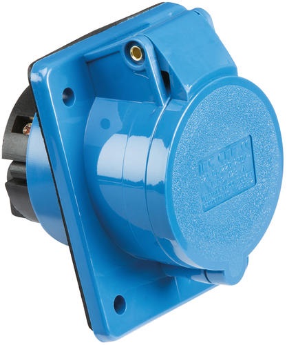 Blue 240V IP44 32A Angled Panel Mount Socket 2P+E