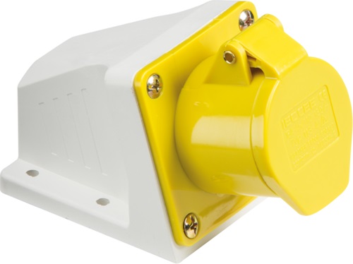 Yellow 110V IP44 16A Angled Surface Mount Socket 2P+E