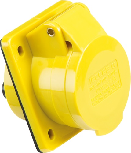 Yellow 110V IP44 16A Angled Panel Mount Socket 2P+E