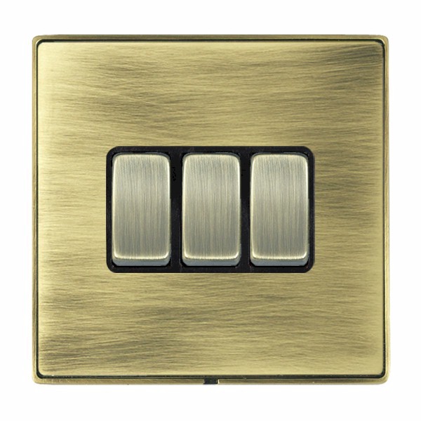 Hamilton LDR23AB-ABB Linea-Duo CFX Antique Brass Frame/Antique Brass Plate 3 Gang 10AX 2 Way Switch with Antique Brass Rockers and Black Surround