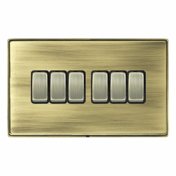 Hamilton LDR26AB-ABB Linea-Duo CFX Antique Brass Frame/Antique Brass Plate 6 Gang 10AX 2 Way Switch with Antique Brass Rockers and Black Surround