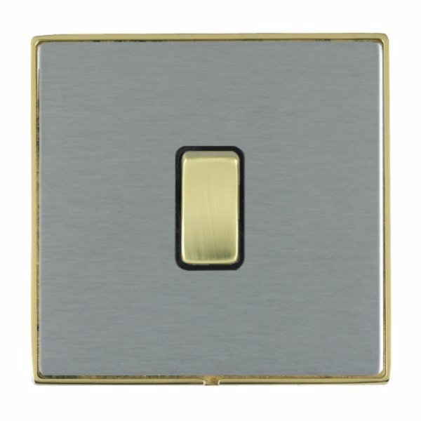Hamilton LDWRRTPB-SSB Linea-Duo CFX Polished Brass Frame/Satin Steel Plate 1 Gang 10AX Wide Push To Make/Break Retractive Switch with Polished Brass Rocker and Black Surround