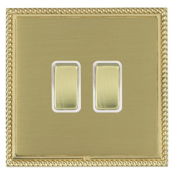 Hamilton Linea-Georgian CFX Polished Brass Frame/Satin Brass Plate 2 Gang 10AX Intermediate Switch with Polished Brass Rockers and White Surround