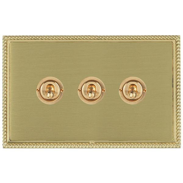 Hamilton Linea-Georgian CFX Polished Brass Frame/Satin Brass Plate 3 Gang 20AX 2 Way Toggle Switch with Polished Brass Toggles