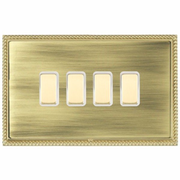 Hamilton LPX4XTMPB-ABW Linea-Perlina CFX Polished Brass Frame/Antique Brass Plate 4 Gang 250W/210VA Multi-Way Touch Master Dimmer with Polished Brass Inserts and White Surround