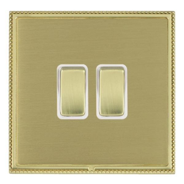 Hamilton LPXWR22PB-SBW Linea-Perlina CFX Polished Brass Frame/Satin Brass Plate 2 Gang 10AX 2 Way Wide Switch with Polished Brass Rockers and White Surround