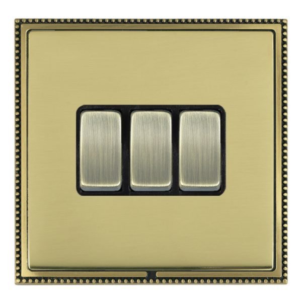 Hamilton LPXWR23AB-PBB  Linea-Perlina CFX Antique Brass Frame/Polished Brass Plate 3 Gang 10AX 2 Way Wide Switch with Antique Brass Rockers and Black Surround