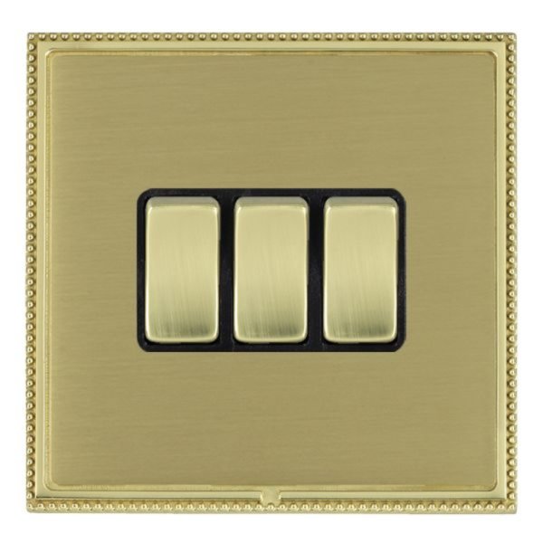 Hamilton LPXWR23AB-SBB Linea-Perlina CFX Antique Brass Frame/Satin Brass Plate 3 Gang 10AX 2 Way Wide Switch with Antique Brass Rockers and Black Surround