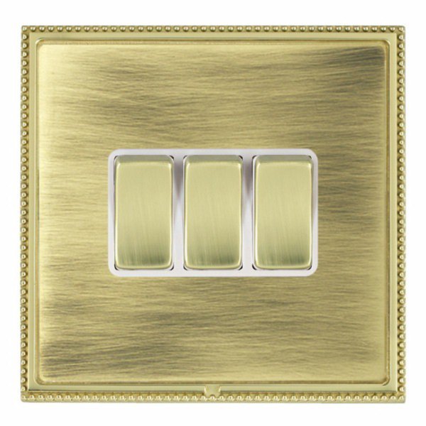 Hamilton LPXWR23PB-ABW Linea-Perlina CFX Polished Brass Frame/Antique Brass Plate 3 Gang 10AX 2 Way Wide Switch with Polished Brass Rockers and White Surround