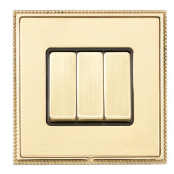 Hamilton LPXWR23PB-PBB Linea-Perlina CFX Polished Brass Frame/Polished Brass Plate 3 Gang 10AX 2 Way Wide Switch with Polished Brass Rockers and Black Surround