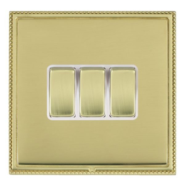 Hamilton LPXWR23PB-PBW Linea-Perlina CFX Polished Brass Frame/Polished Brass Plate 3 Gang 10AX 2 Way Wide Switch with Polished Brass Rockers and White Surround