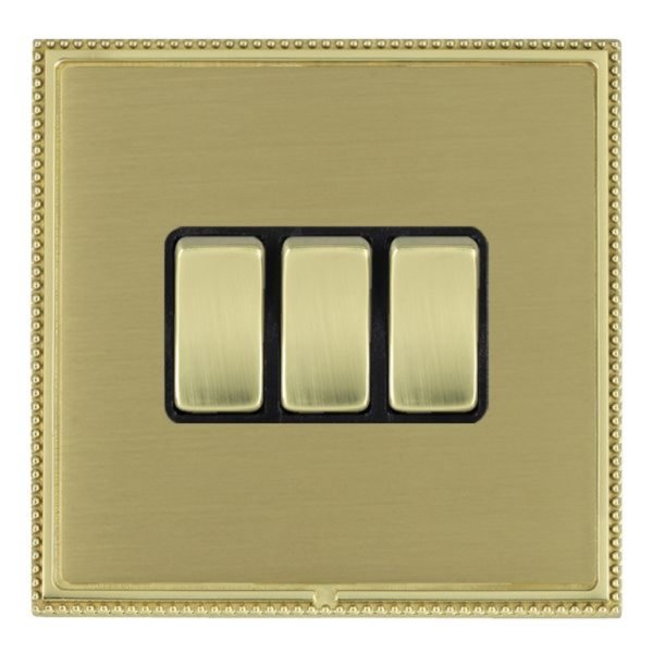 Hamilton LPXWR23PB-SBB Linea-Perlina CFX Polished Brass Frame/Satin Brass Plate 3 Gang 10AX 2 Way Wide Switch with Polished Brass Rockers and Black Surround