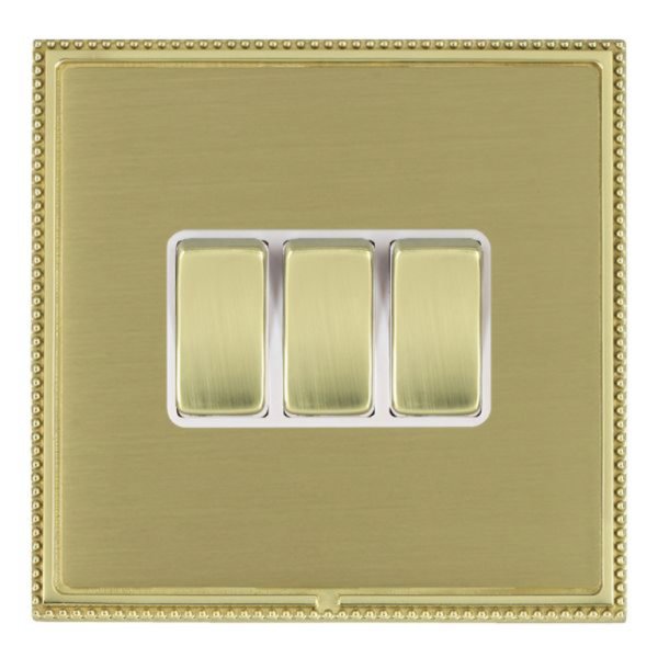 Hamilton LPXWR23PB-SBW Linea-Perlina CFX Polished Brass Frame/Satin Brass Plate 3 Gang 10AX 2 Way Wide Switch with Polished Brass Rockers and White Surround