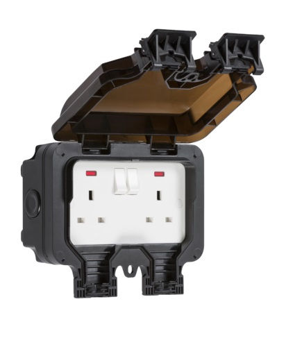 Knightsbridge IP66 13A 2G DP switched socket with neons - Black